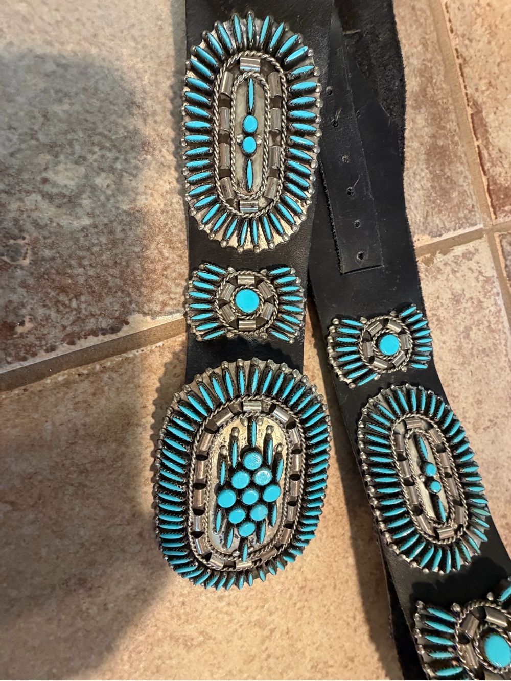 Women’s dark Brown Leather Belt with silver/Turquoise Concho Accents - Picture 2 of 11